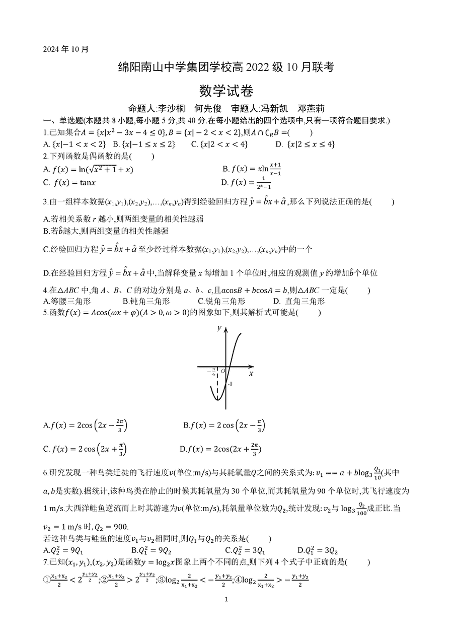 四川南山中学集团学校2025届高三上学期10月联考数学试卷及参考答案