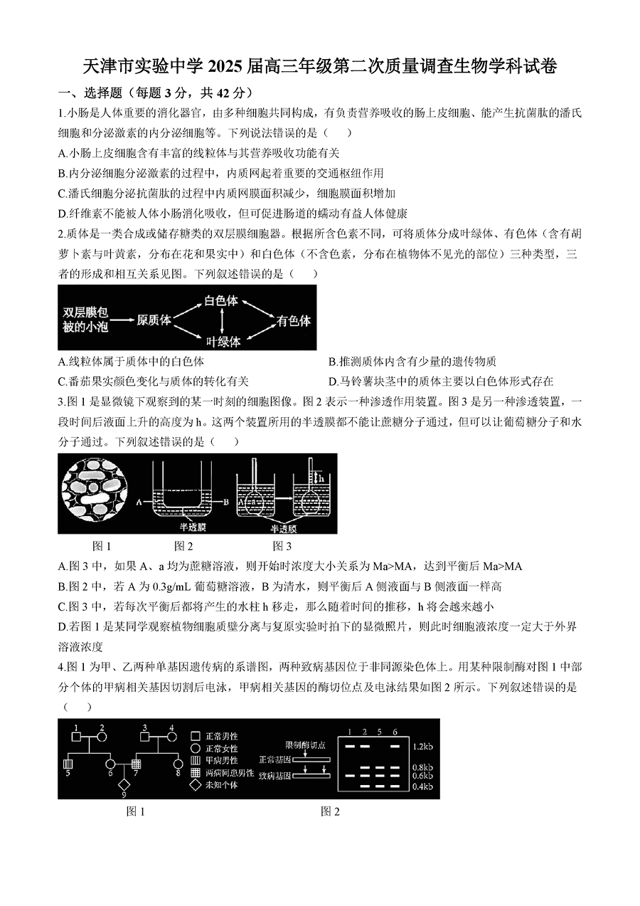 天津市实验中学2025届高三上学期第二次质量调查生物试卷及参考答案