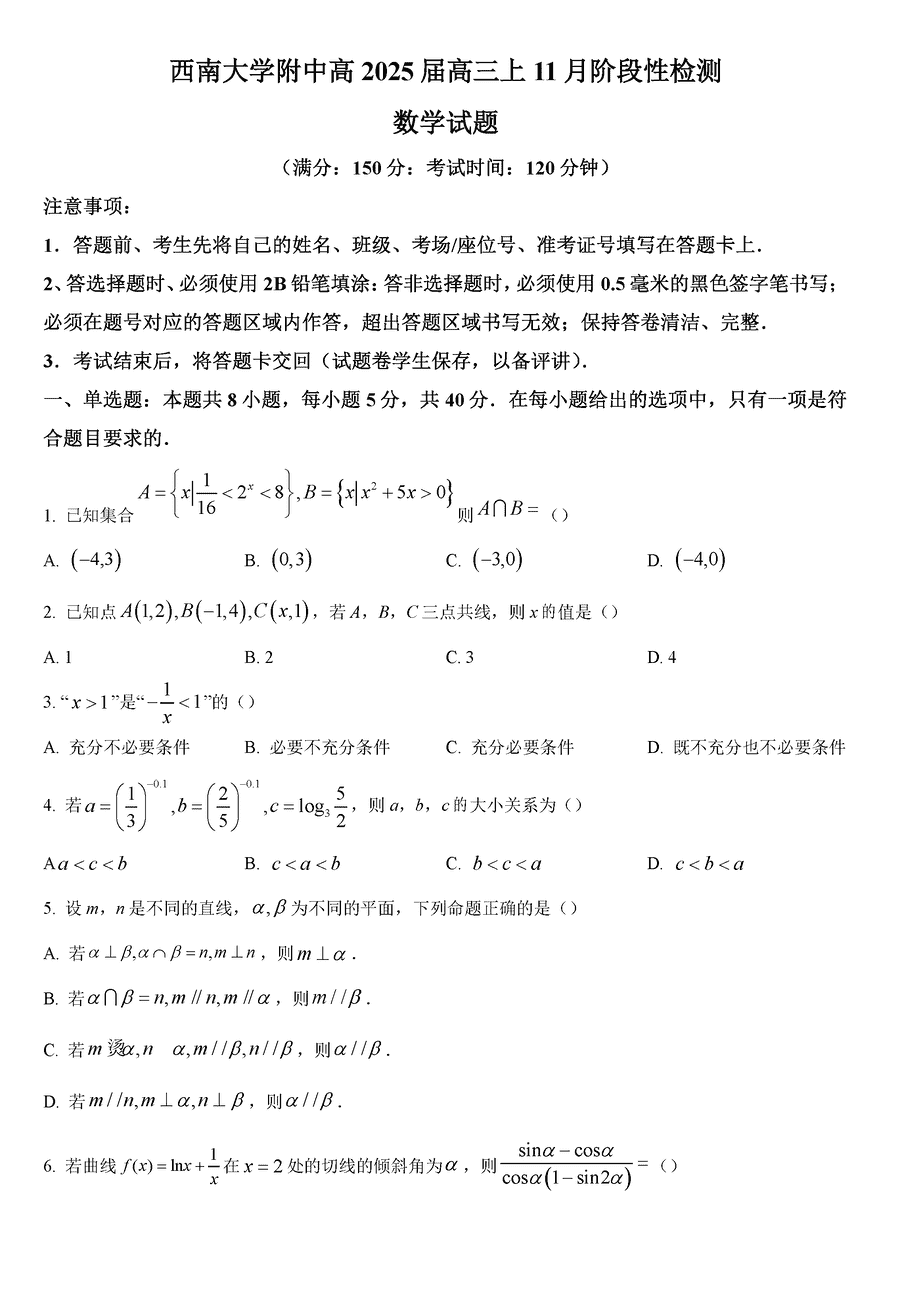 西南大学附中2025届高三上11月阶段性检测数学试卷及参考答案