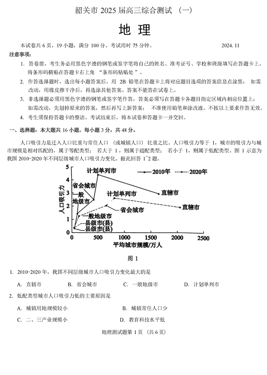 韶关一模2025届高三综合测试一地理试卷及参考答案