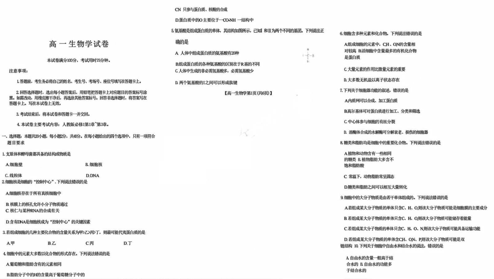 吉黑两省十校联合体2024-2025学年高一上11月期中生物试卷及参考答案