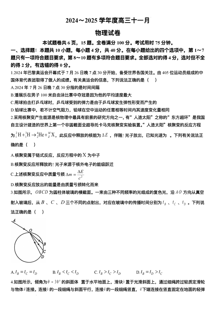 武汉江岸区2025届高三上学期11月调研物理试卷及参考答案