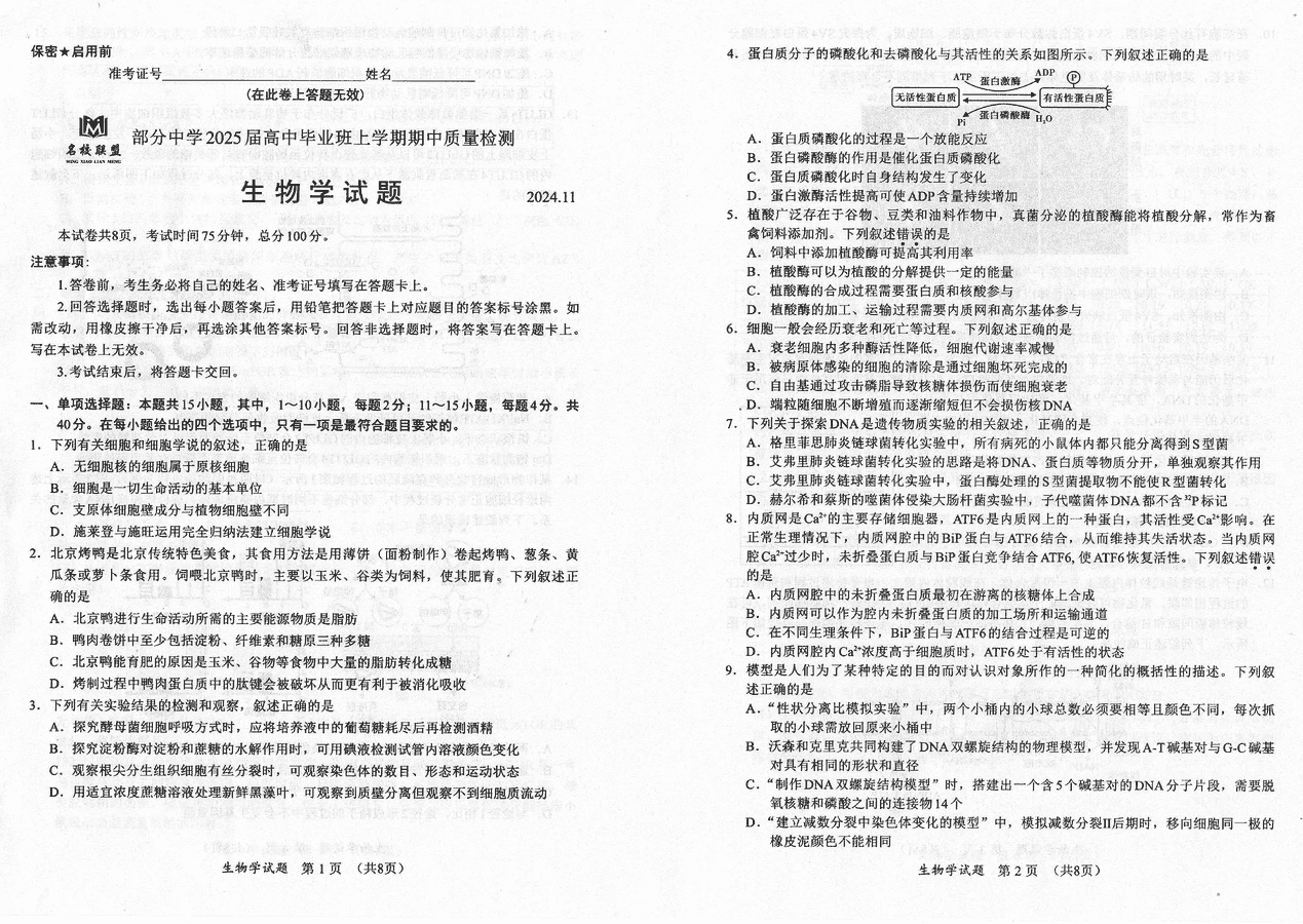 福建名校联考2025届高三11月期中质检生物试卷及参考答案