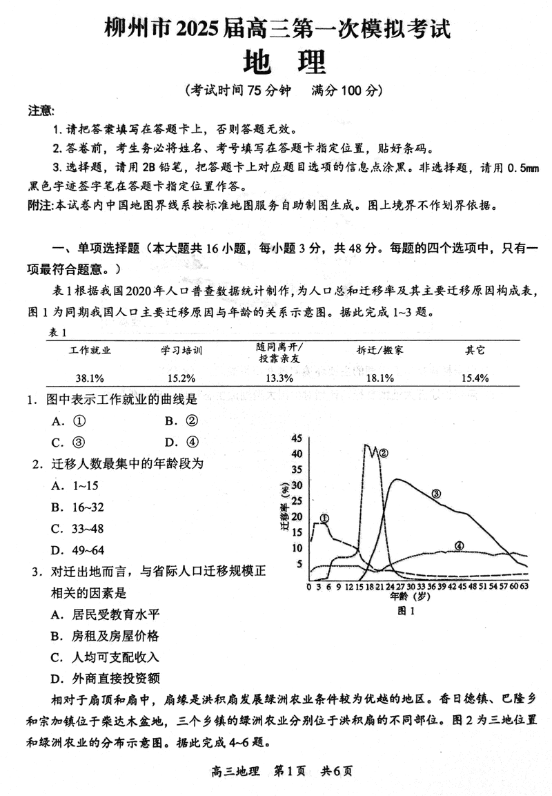 广西柳州2025届高三第一次模拟考地理试卷及参考答案