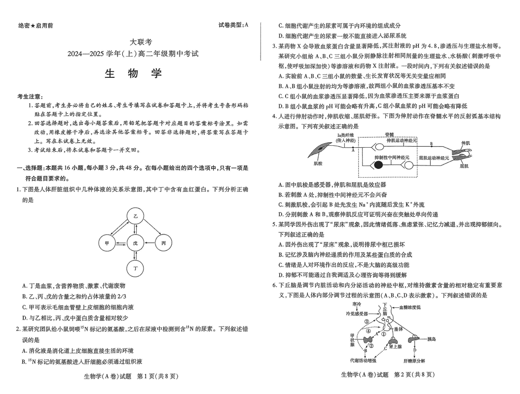 河南天一大联考2024年11月高二上学期期中生物试卷及参考答案