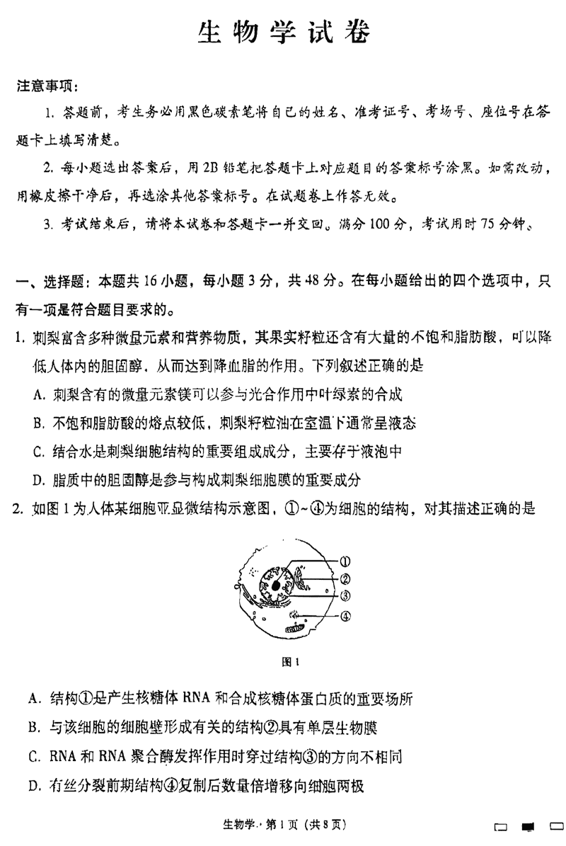 贵阳一中2025届高考适应性月考（三）生物试卷及参考答案