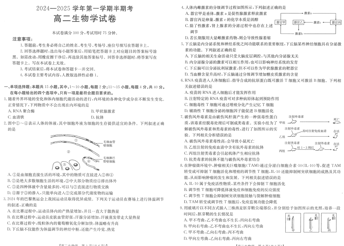 福建省非一级达标校2024年11月高二第一学期半期考生物试卷及参考答案