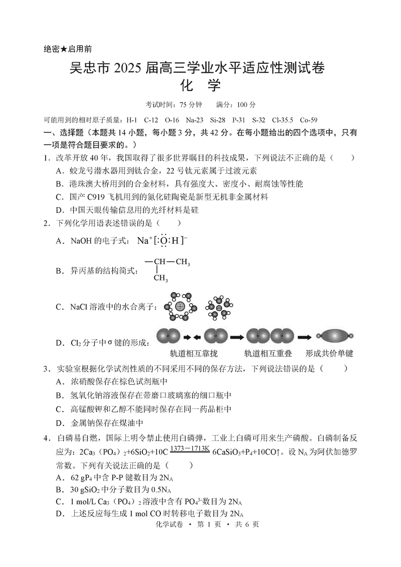 宁夏吴忠市2025届高三上学期学业水平适应性测试化学试卷及参考答案