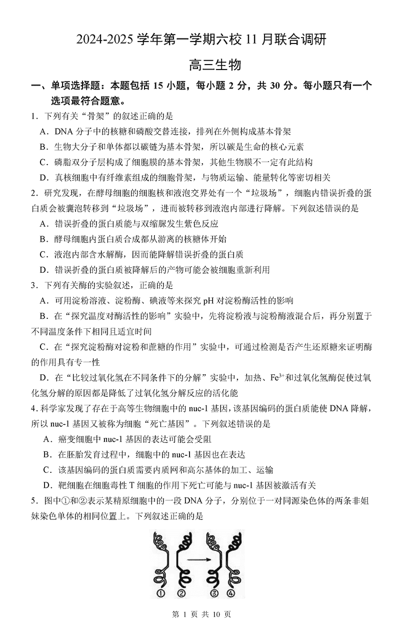 南京六校联合体2025届高三上学期11月联考生物试卷及参考答案