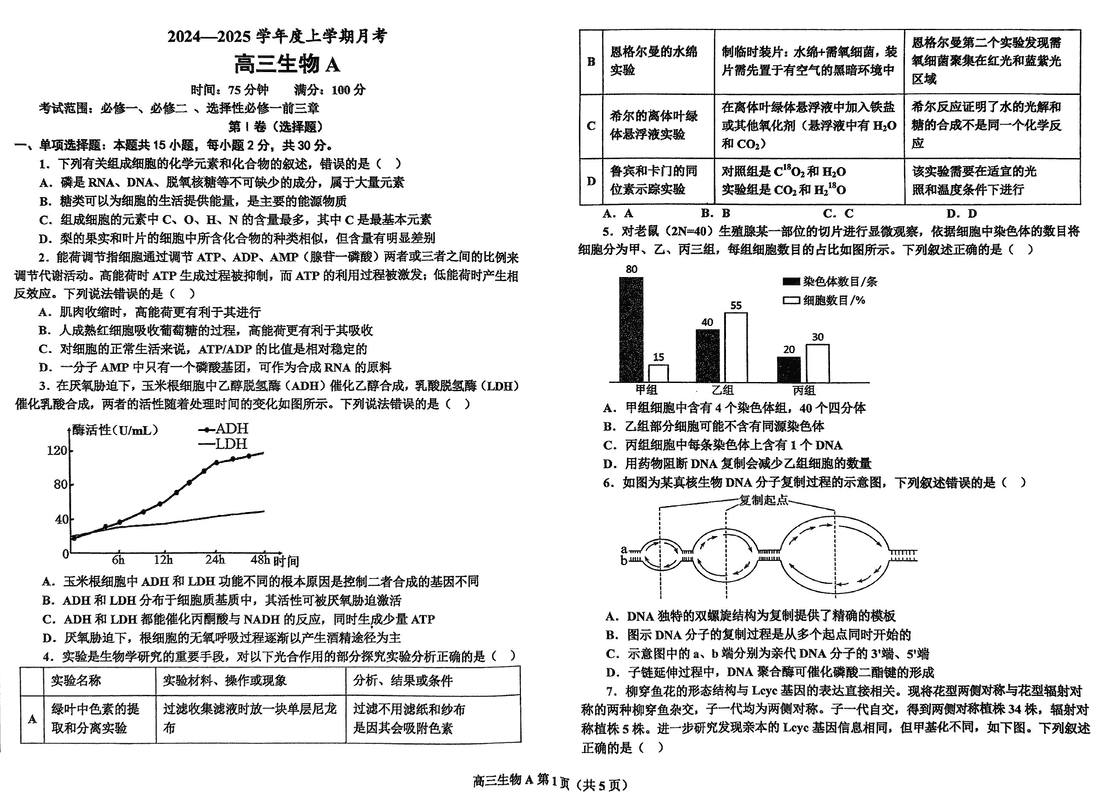 鞍山市普通高中2025届高三上第三次月考生物试卷及参考答案