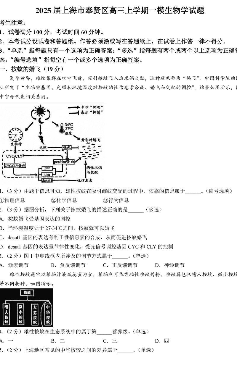 上海市奉贤区2025届高三上学期一模生物试卷及参考答案