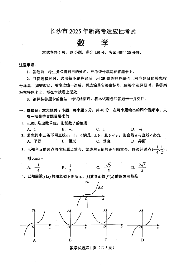 长沙市2024-2025学年高三上学期新高考适应性考试数学试卷及参考答案