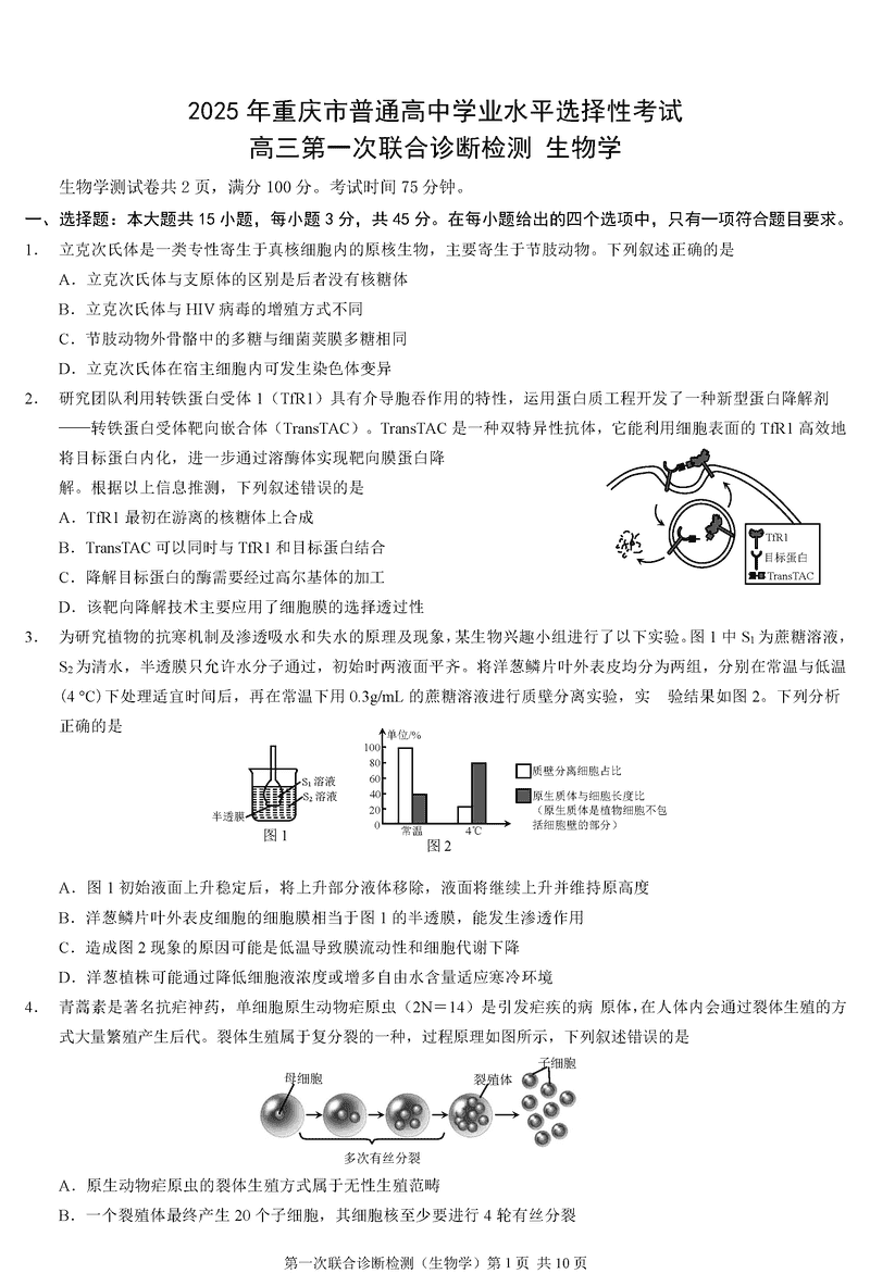 重庆市2025年康德一诊生物试卷及参考答案