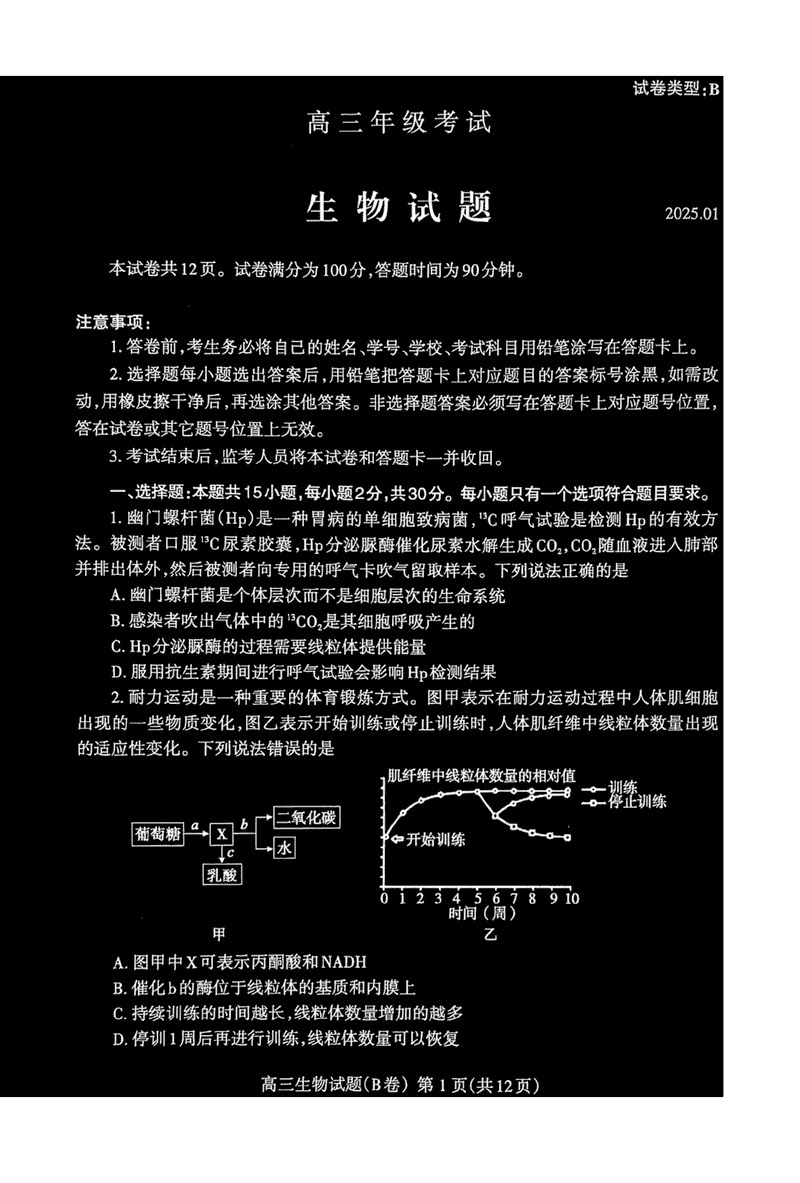 山东泰安2024-2025学年高三上学期1月期末生物试卷及参考答案