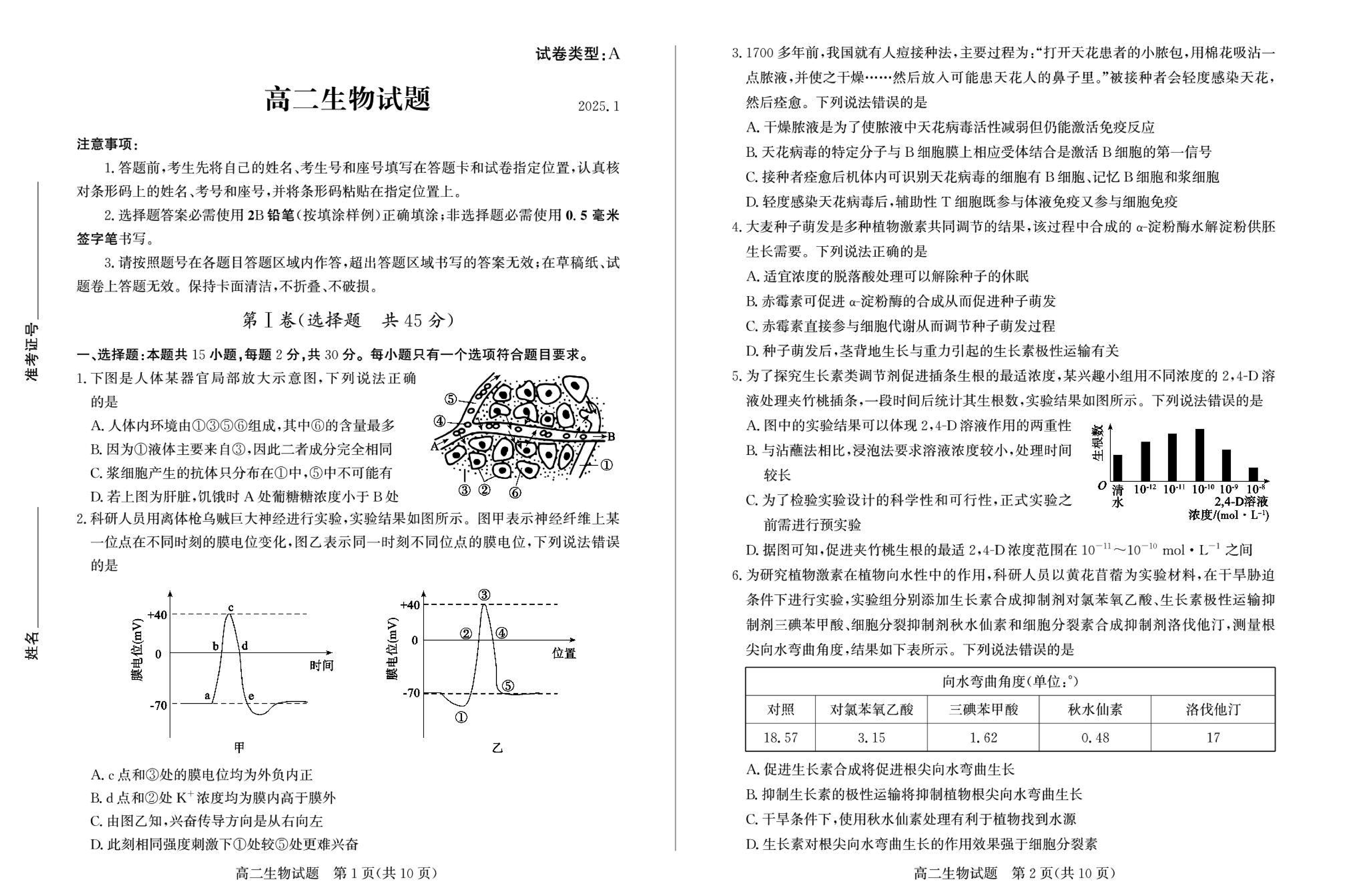 山东滨州2024-2025学年高二上学期期末生物试卷及参考答案