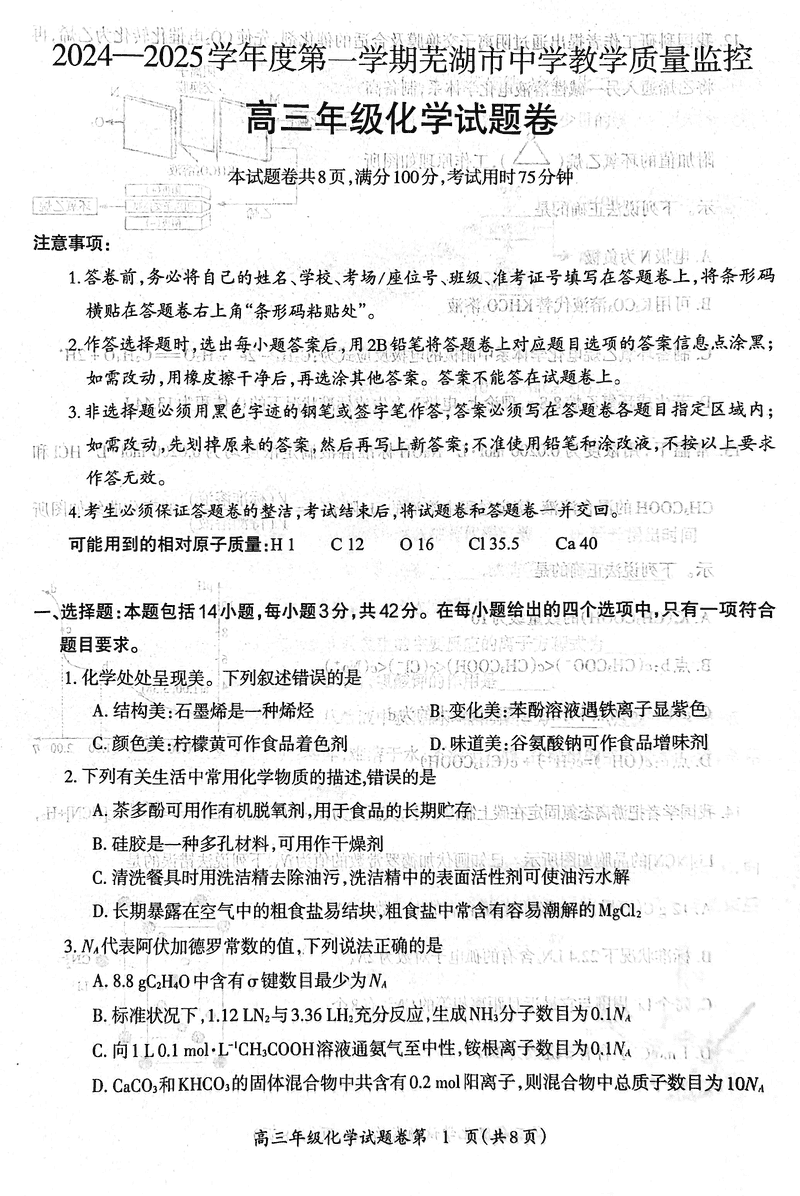 安徽芜湖2025届高三上学期1月期末化学试卷及参考答案