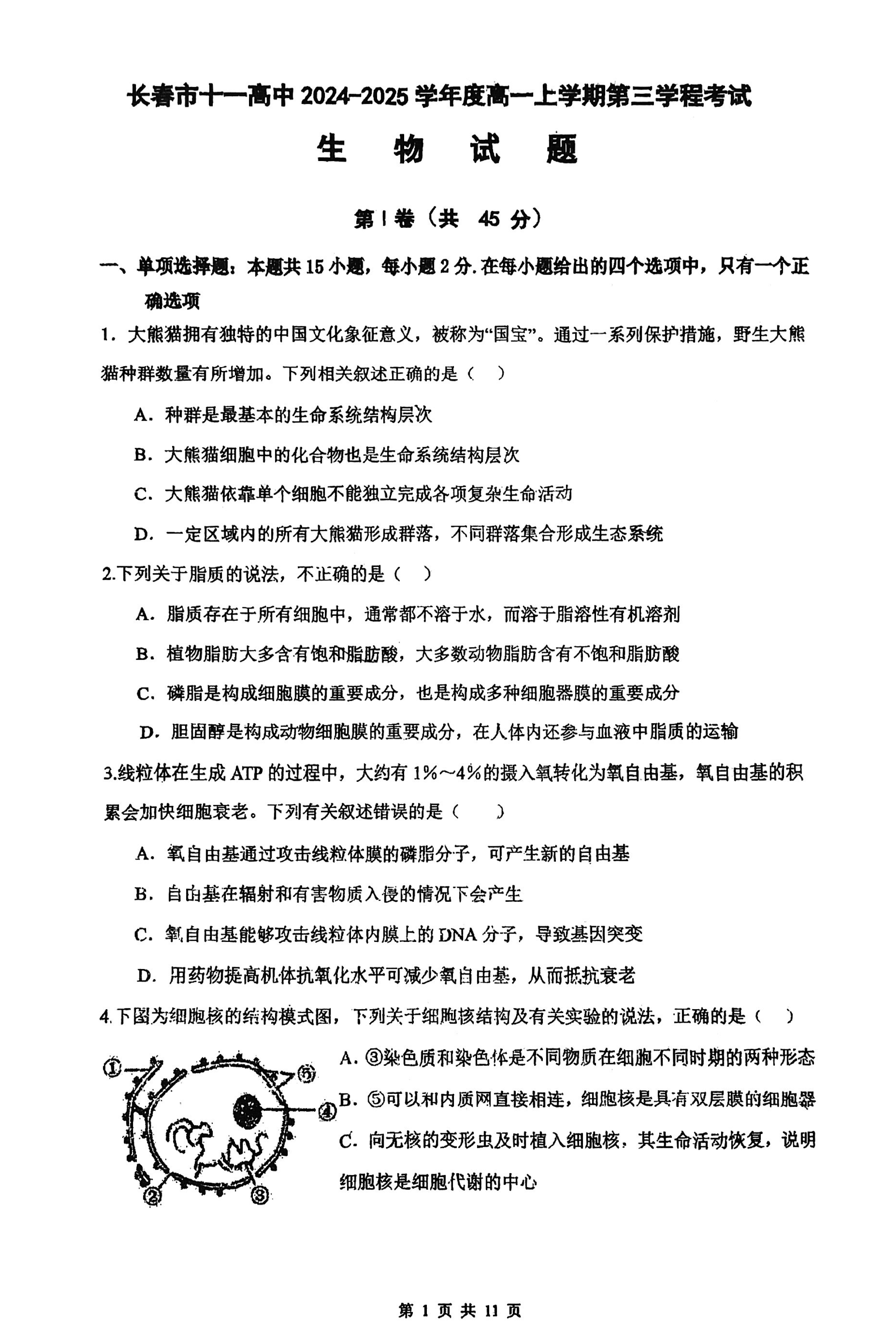 长春十一高中2024-2025学年高一上学期第三学程考生物试卷及参考答案