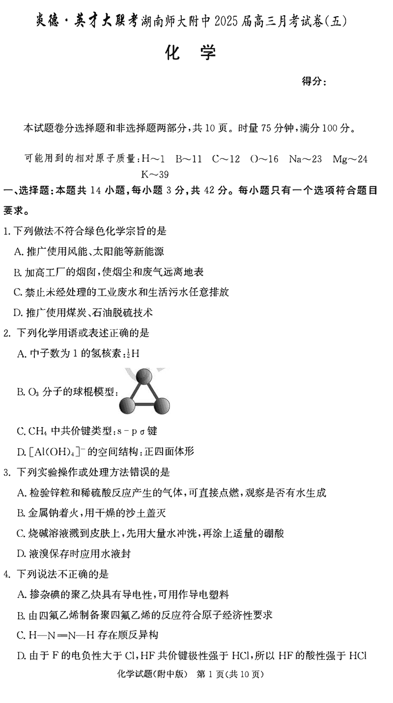 湖南师大附中2025届高三上学期月考（五）化学试卷及参考答案