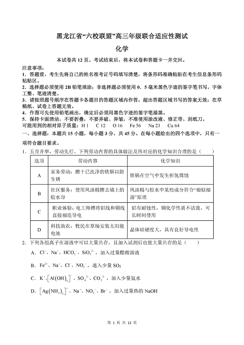 黑龙江六校联盟2025届高三上学期联合适应性化学试卷及参考答案