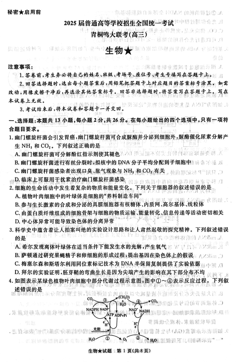 2025届河南青桐鸣高三2月联考生物试卷及参考答案