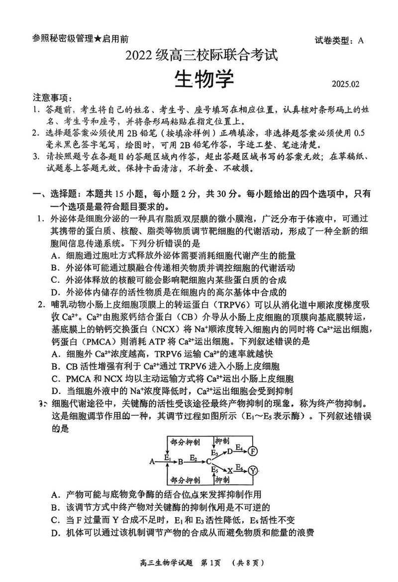 日照一模2025届高三下学期校际联考生物试卷及参考答案