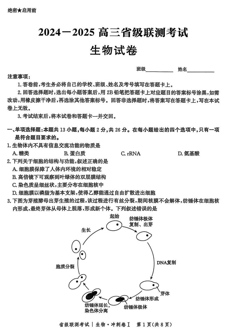 河北省2024-2025高三省级联测冲刺卷I生物试卷及参考答案