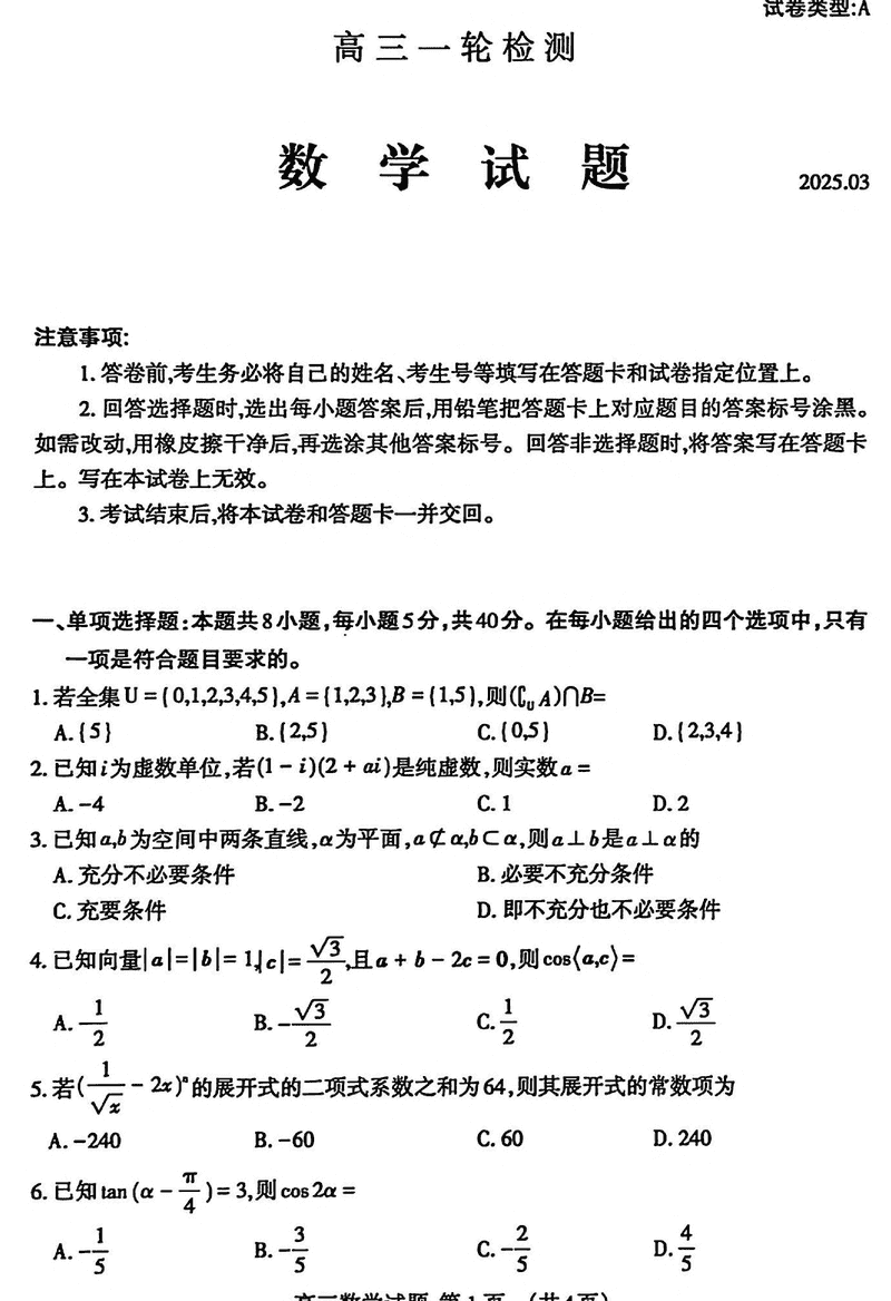 泰安一模2025届高三一轮检测数学试卷及参考答案