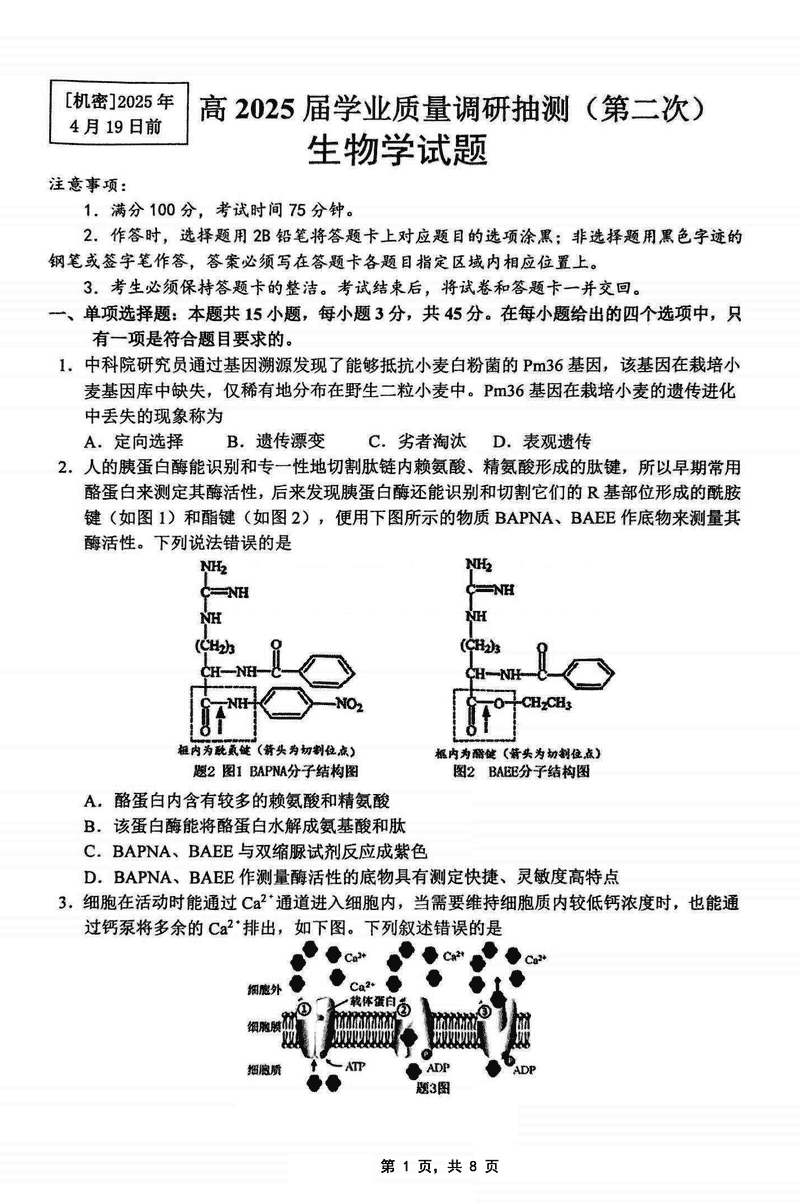2025届重庆主城五区二诊生物试卷及参考答案