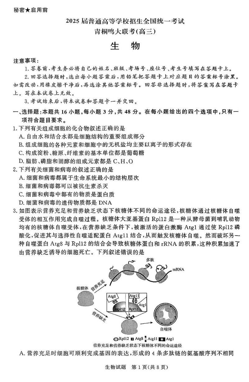 2025届高三下学期5月青桐鸣大联考生物试卷及参考答案