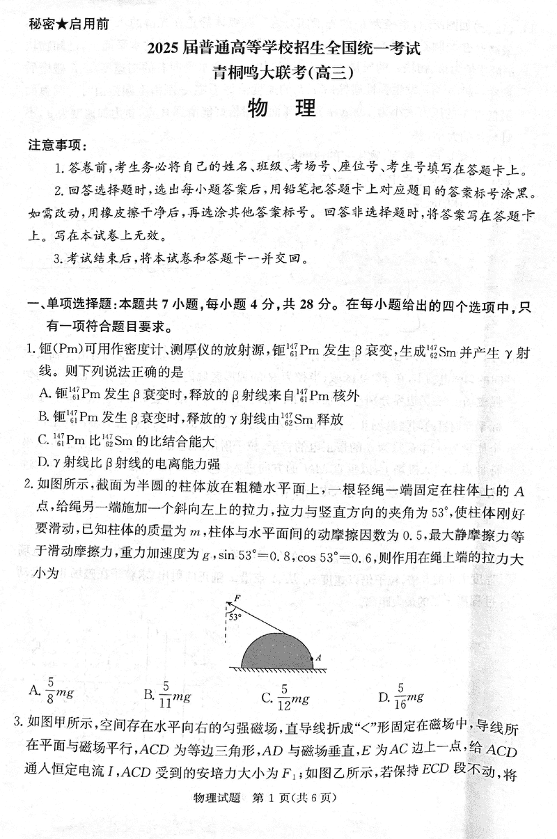 2025届高三下学期5月青桐鸣大联考物理试卷及参考答案