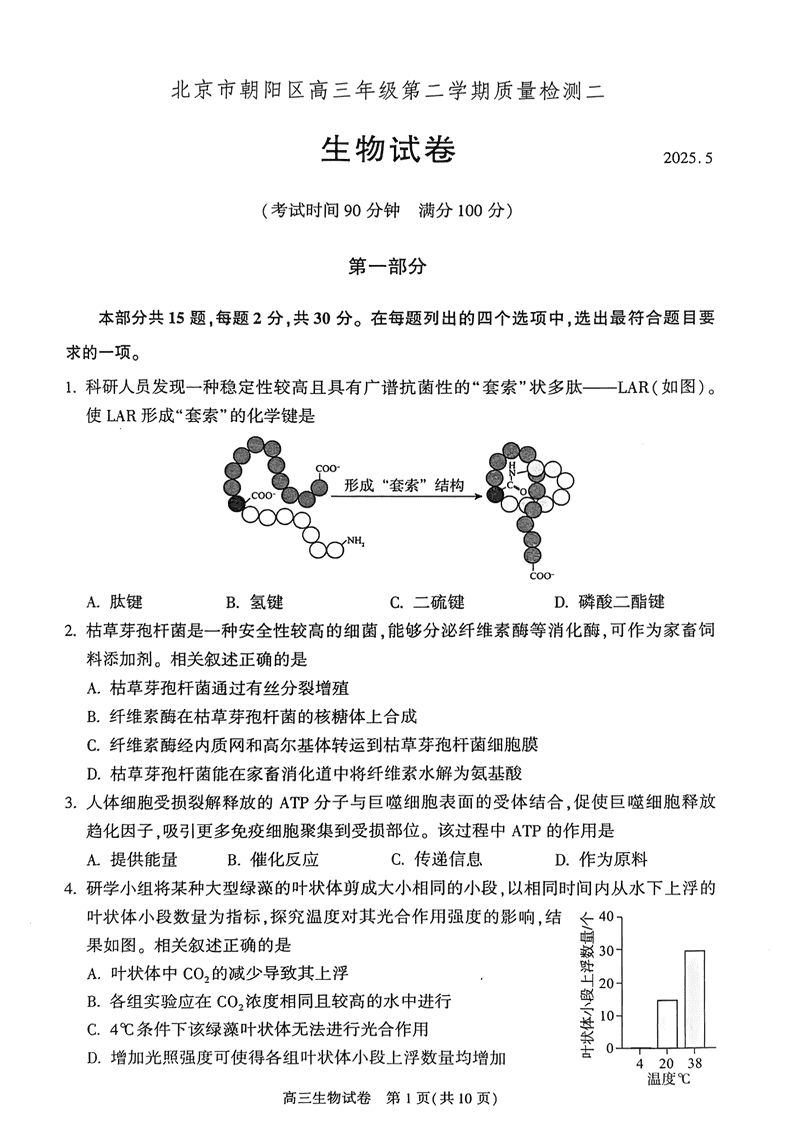 2025年北京朝阳区高三二模生物试卷及参考答案
