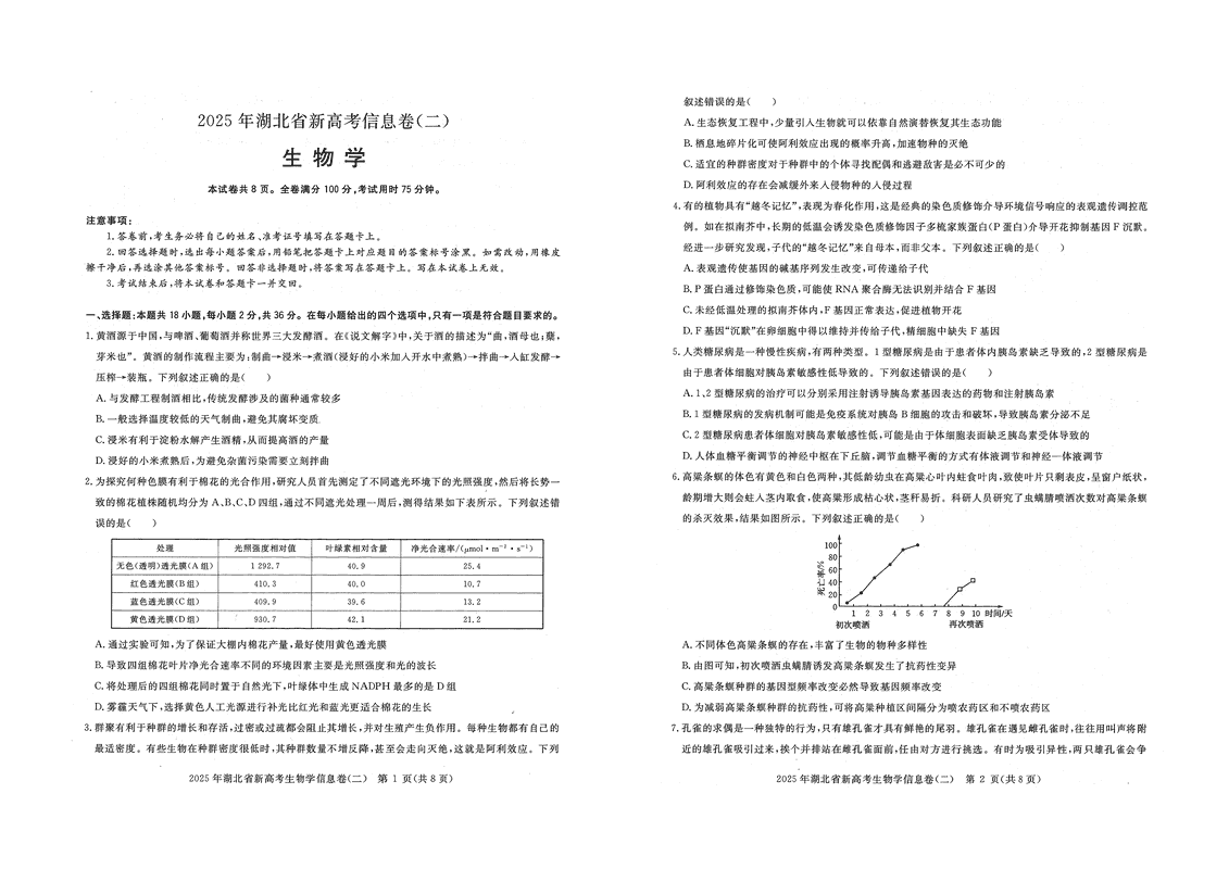 2025年湖北省新高考信息卷（二）生物试卷及参考答案