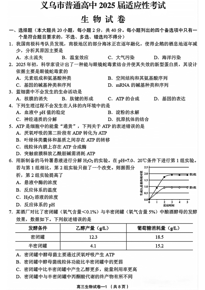 2025年金华市义乌市高三三模生物试卷及参考答案