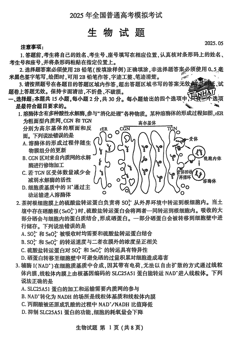 山东四县联考2025年5月高考模考生物试卷及参考答案