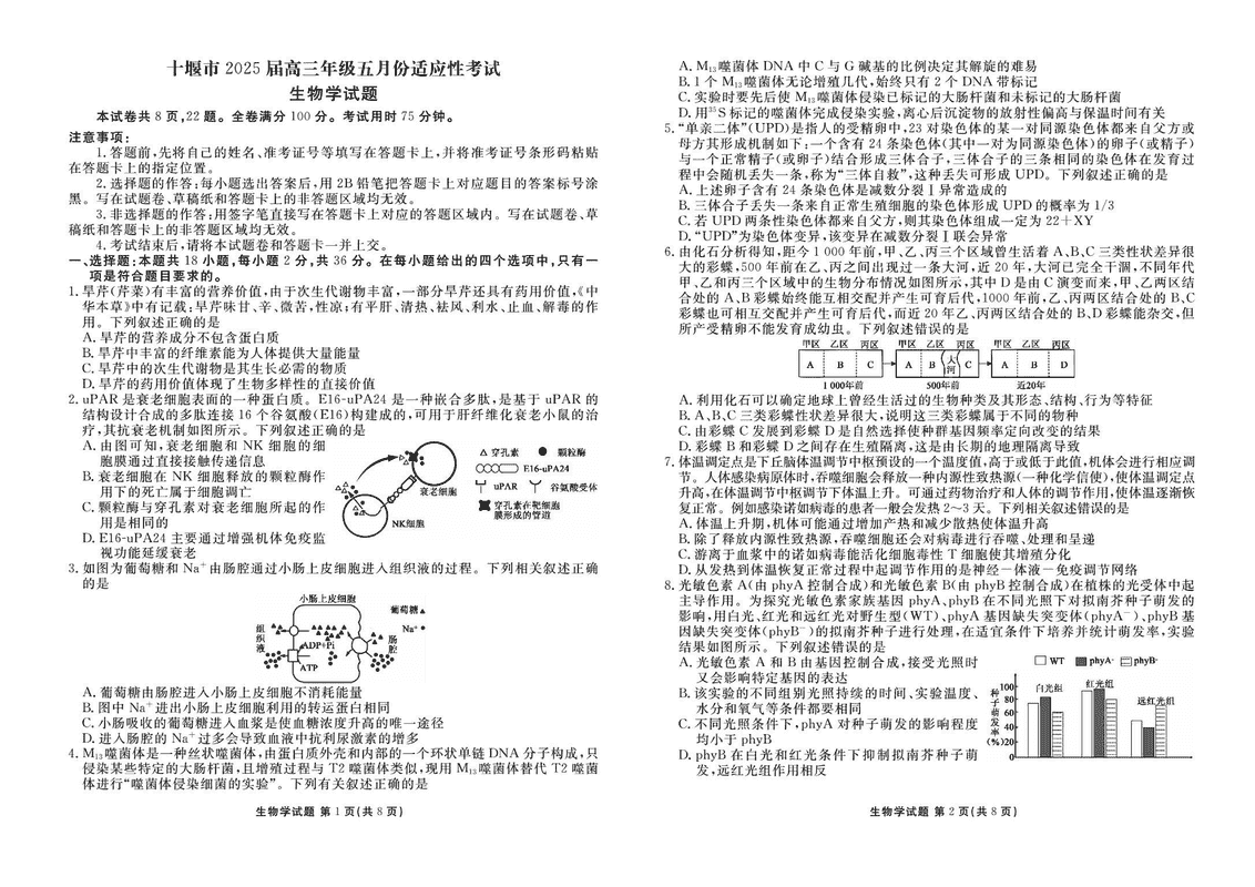 十堰市2025届高三下学期五月份适应性生物试卷及参考答案