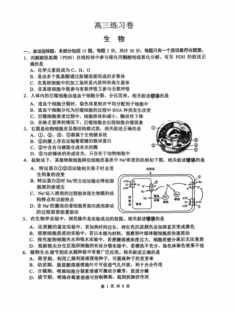 南通四模2025年5月高三练习卷生物试卷及参考答案